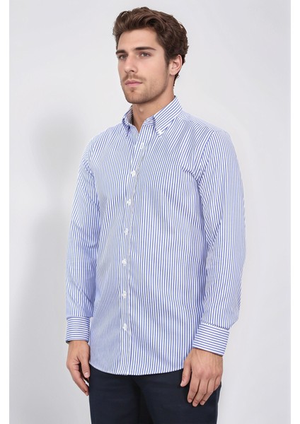 Slim Fit Non-Iron Çizgili Mavi Gömlek indirimleri