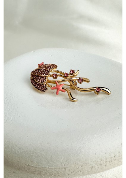 Deniz Temalı Taş Işlemeli Denizanası Broş (5cm)