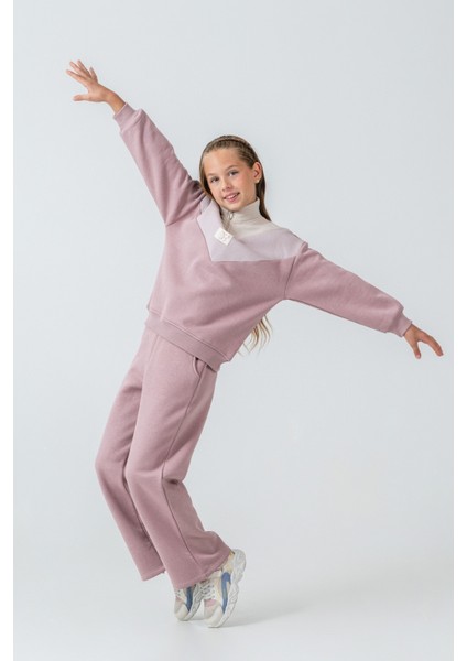 Kız Çocuk Kelebek Detaylı Yarım Fermuarlı 3 Iplik Kalın Kışlık Eşofman Takımı AK4233