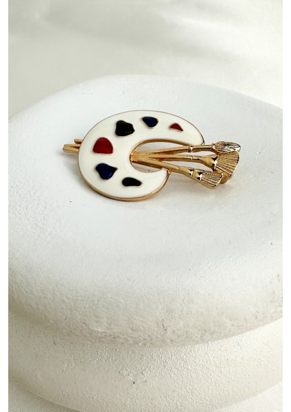 Altın Rengi Fırça Detay Renkli Mineli Palet Broş (5cm)