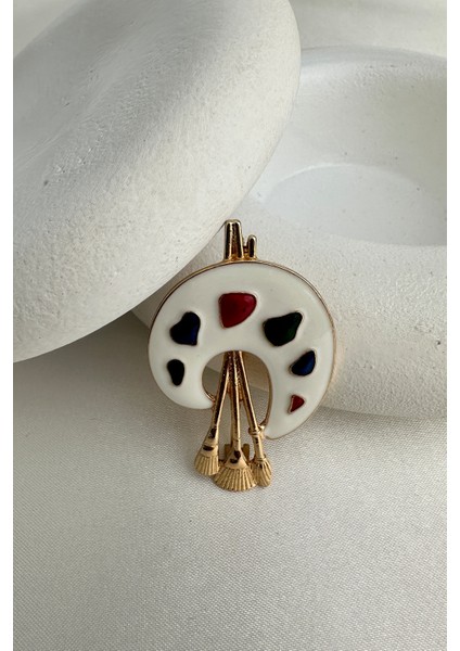 Altın Rengi Fırça Detay Renkli Mineli Palet Broş (5cm) fırsatları