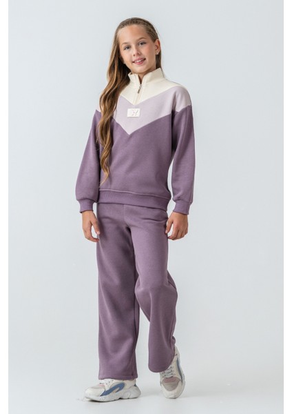 Kız Çocuk Kelebek Detaylı Yarım Fermuarlı 3 Iplik Kalın Kışlık Eşofman Takımı AK4233