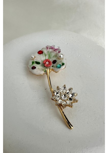 Altın Rengi Taş Çiçek Süslemeli Tasarım Broş (5cm)