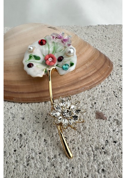 Altın Rengi Taş Çiçek Süslemeli Tasarım Broş (5cm) modelleri