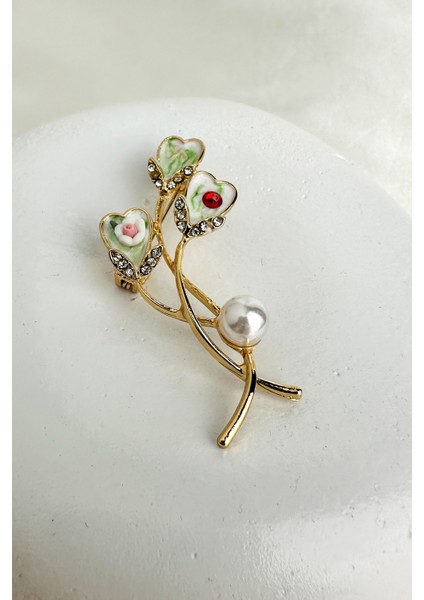 Altın Rengi Beyaz Inci,çiçek Desenli Kalpler Broş (6cm)