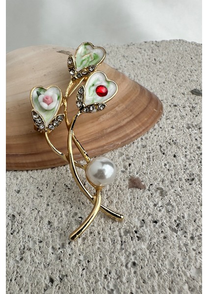 Altın Rengi Beyaz Inci,çiçek Desenli Kalpler Broş (6cm) fırsatları