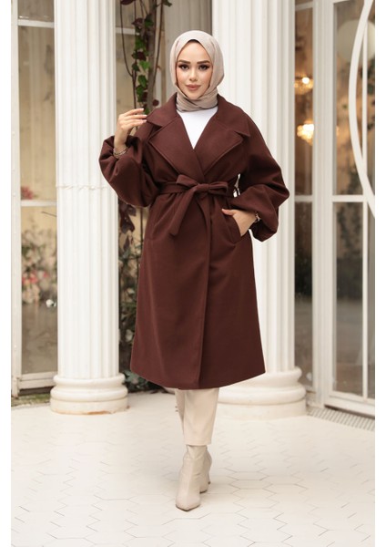 Kemerli Kahverengi Tesettür Kaşe Kaban 61631KH