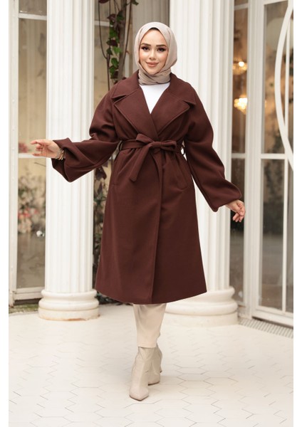 Kemerli Kahverengi Tesettür Kaşe Kaban 61631KH fiyatları