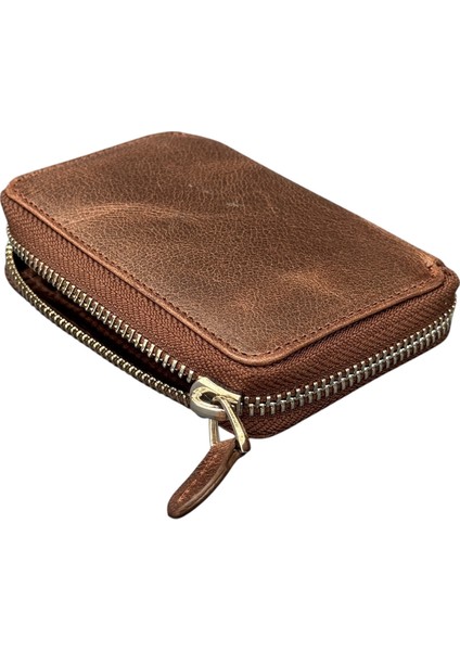Fermuar Kilitli Mini Boy Unisex Hakiki Deri Spor Cüzdan Carzy Kahverengi
