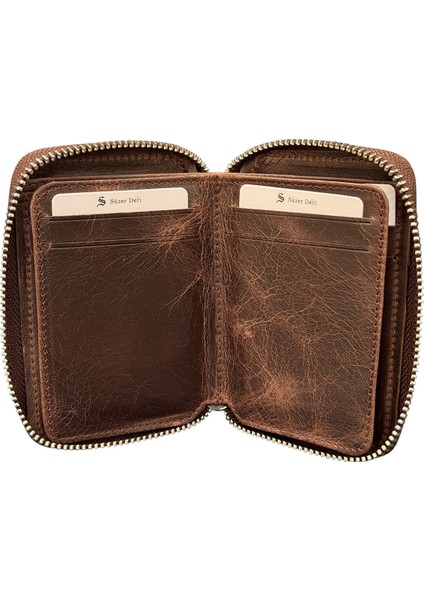 Fermuar Kilitli Mini Boy Unisex Hakiki Deri Spor Cüzdan Carzy Kahverengi modelleri