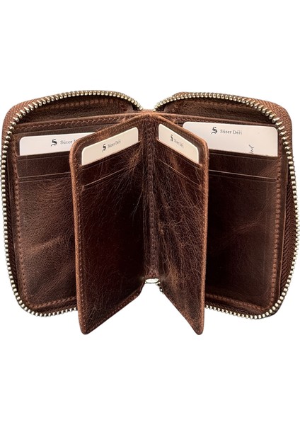 Fermuar Kilitli Mini Boy Unisex Hakiki Deri Spor Cüzdan Carzy Kahverengi fırsatları
