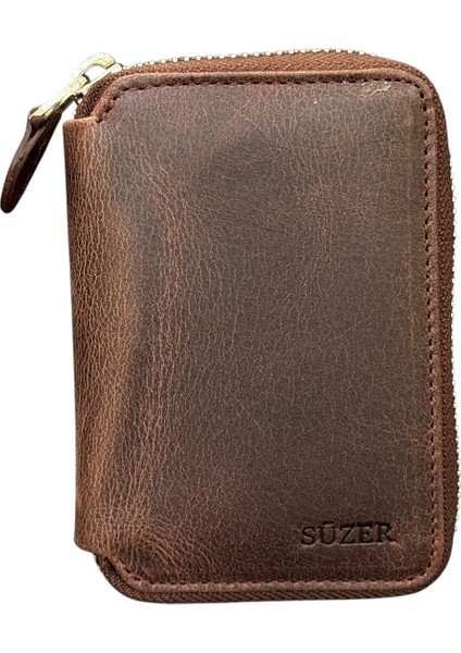 Fermuar Kilitli Mini Boy Unisex Hakiki Deri Spor Cüzdan Carzy Kahverengi indirimleri