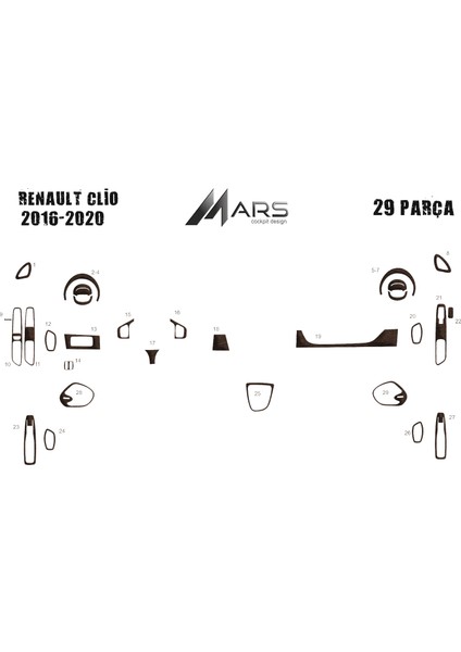 Renault Clio 2016-2020 Konsol-Torpido Kaplama 29 Parça Koyu Meşe