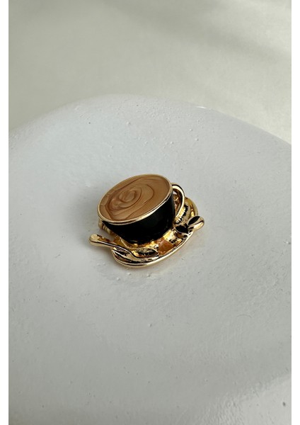 Altın Sarısı Kaşık Detay Mineli Kahve Fincanı Broş (3cm)