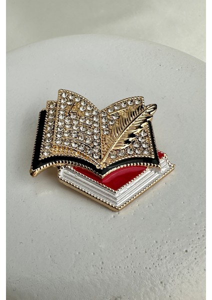 Tüy Kalem Detay Taşlı Renkli Kitap Defter Broş (3cm)