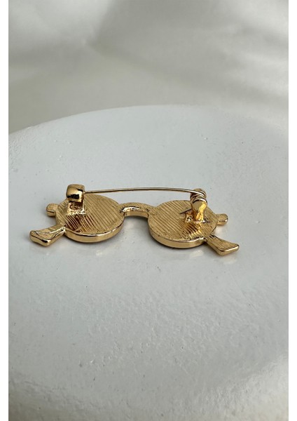 Altın Rengi Taş Detay Beyaz Sedef Yuvarlak Gözlük Broş(4cm) fiyatları
