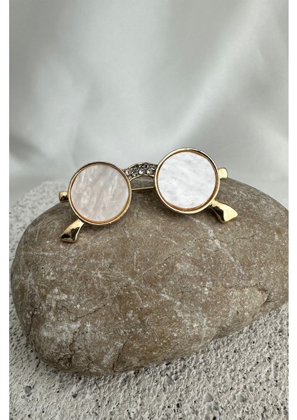 Altın Rengi Taş Detay Beyaz Sedef Yuvarlak Gözlük Broş(4cm) fırsatları