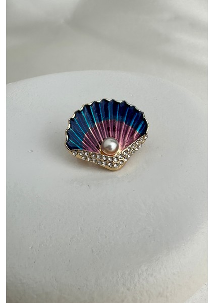 Deniz Kabuğu Tasarımlı Inci ve Taş Detaylı Broş (3cm)