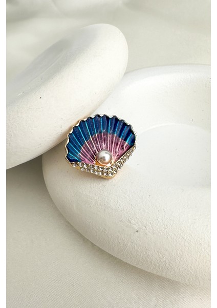 Deniz Kabuğu Tasarımlı Inci ve Taş Detaylı Broş (3cm) modelleri