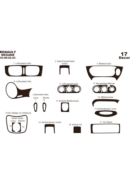 Renault Megane Konsol-Torpido Kaplama 1999-2003 17 Parça Koyu Meşe