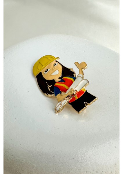 Mineli Sarı Baretli Inşaat Mühendisi Kadın Broş (5cm)