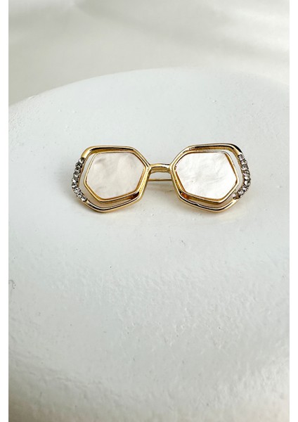 Kenarları Taş Detay Geometrik Şekilli Beyaz Sedef Gözlük Broş (4cm)