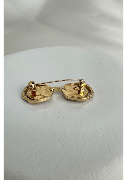 Kenarları Taş Detay Geometrik Şekilli Beyaz Sedef Gözlük Broş (4cm) fiyatları