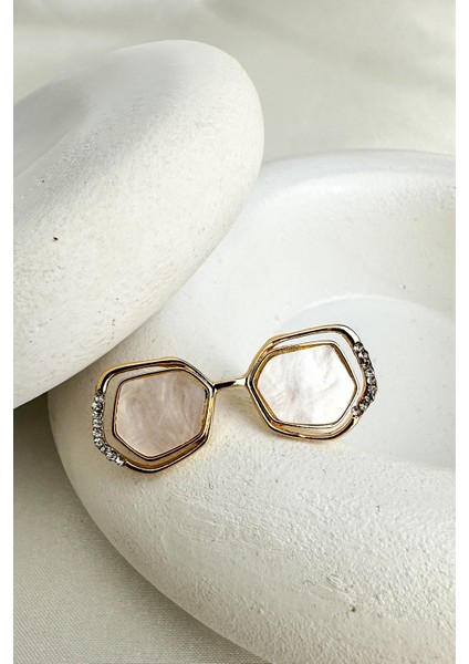 Kenarları Taş Detay Geometrik Şekilli Beyaz Sedef Gözlük Broş (4cm) modelleri