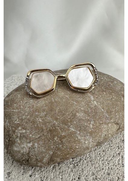 Kenarları Taş Detay Geometrik Şekilli Beyaz Sedef Gözlük Broş (4cm) fırsatları