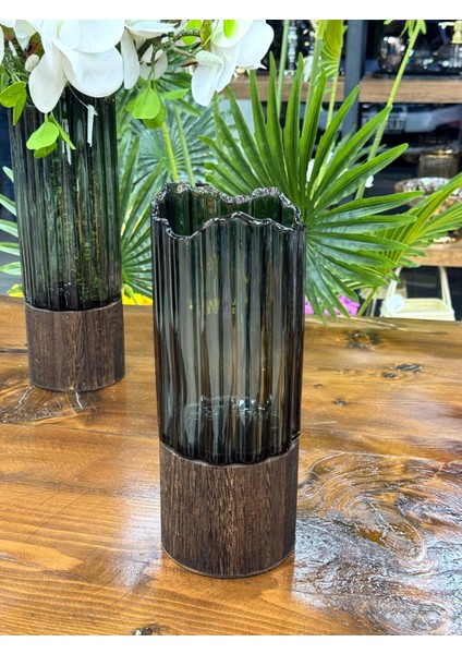 Ahşap Detaylı Cam Vazo 30/12 Cm