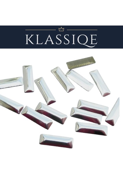Klassıqe® | 3X10 mm Gümüş Metal Baget Dikdörtgen Ütüyle Yapışan Hotfix Taş (Kıyafet, Tekstil, Aksesuar Süsleme)