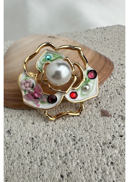 Altın Rengi Incili Taş ve Kelebek Detaylı Gül Broş (4cm) modelleri