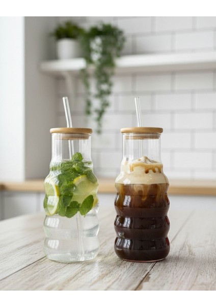 Pipetli Borosilikat Cam Bardak 20 cm Bambu Kapaklı Bardak