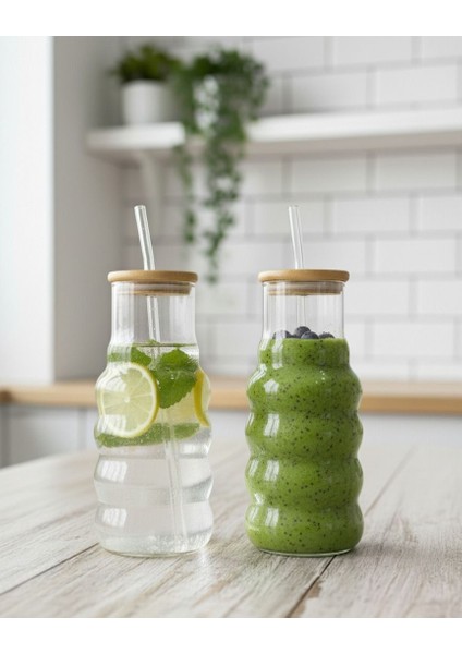 Pipetli Borosilikat Cam Bardak 20 cm Bambu Kapaklı Bardak modelleri