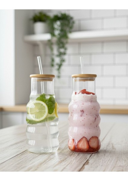 Pipetli Borosilikat Cam Bardak 20 cm Bambu Kapaklı Bardak fırsatları