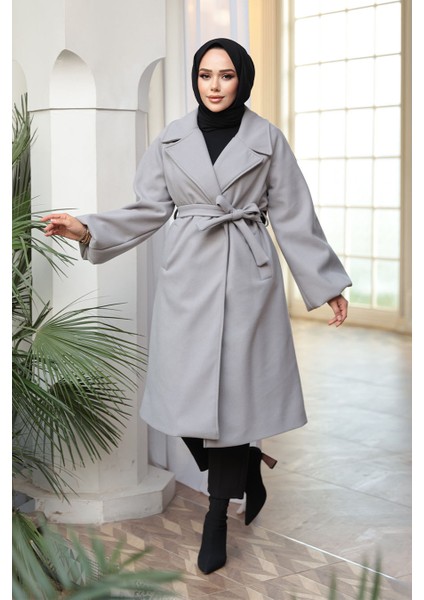 Kemerli Gri Tesettür Kaşe Kaban 61631GR