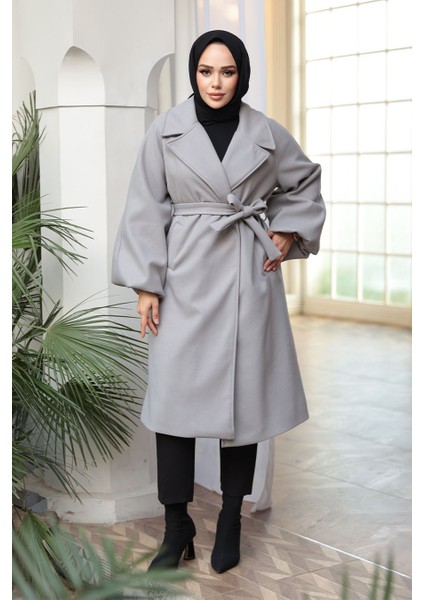 Kemerli Gri Tesettür Kaşe Kaban 61631GR fiyatları