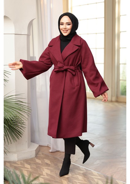 Kemerli Bordo Tesettür Kaşe Kaban 61631BR