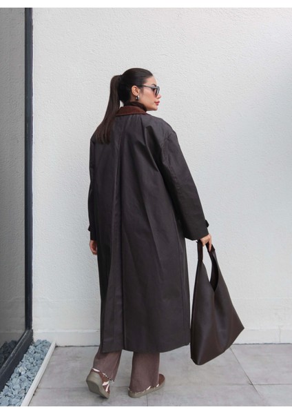 Kadife Yaka Çıtçıtlı Trench indirimleri