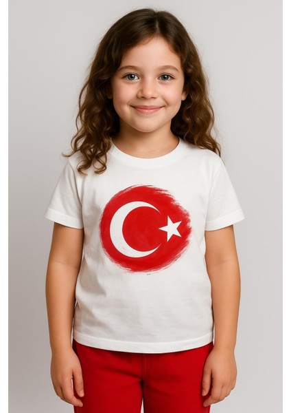 Erkek Çocuk Ay Yıldız Baskılı Kısa Kol T-shirt - Beyaz