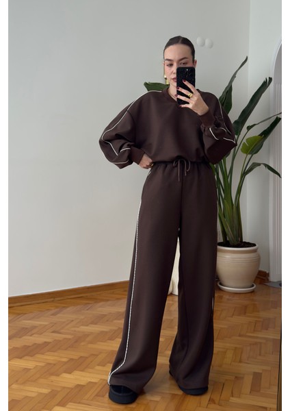 V Yaka Biye Detay Modal Takım- Kahverengi