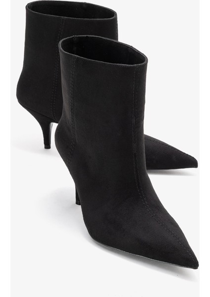 Nuvıa Siyah Süet Sivri Burunlu Kadın Topuklu Bot