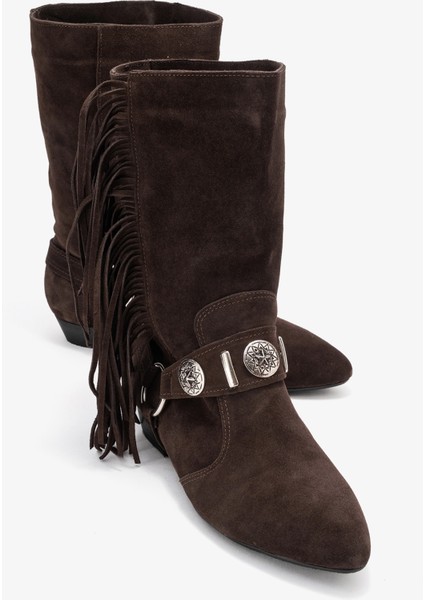 Selora Kahverengi Süet Püsküllü Hakiki Deri Tokalı Kadın Western Bot