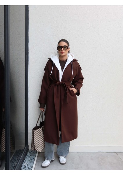 Düğme Kapüşon Kuşaklı Kaban