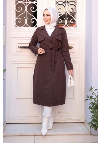 Kemerli Kahverengi Tesettür Trençkot 62481KH