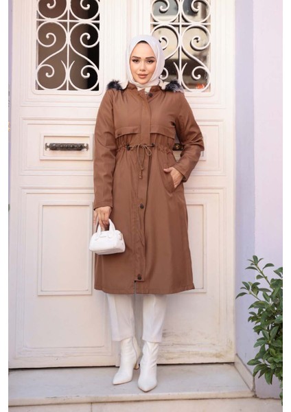 Kürklü Kapşonlu Taba Tesettür Parka 60650TB