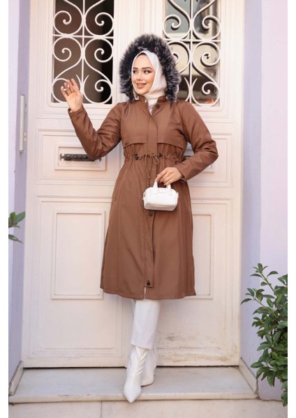 Kürklü Kapşonlu Taba Tesettür Parka 60650TB modelleri