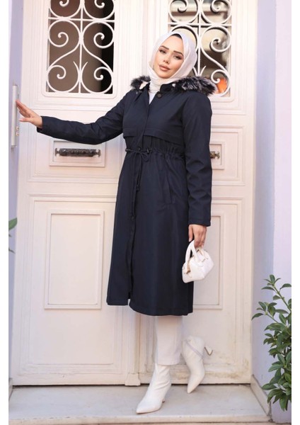 Kürklü Kapşonlu Lacivert Tesettür Parka 60650L fiyatları