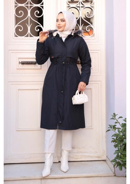 Kürklü Kapşonlu Lacivert Tesettür Parka 60650L modelleri
