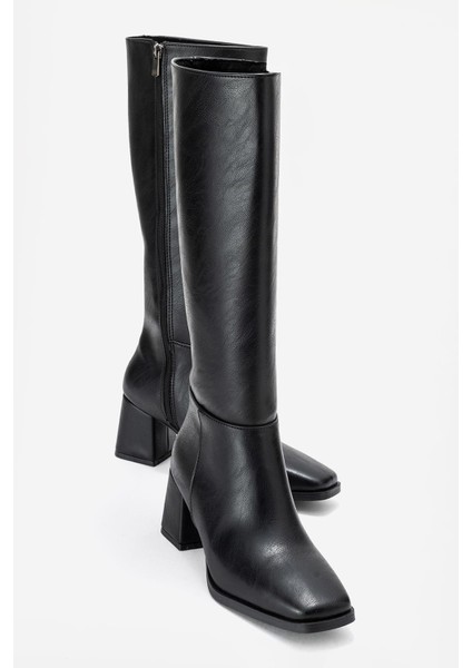 Sade Küt Burunlu Topuklu Kadın Çizme SİYAH CİLT